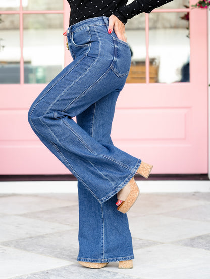 Restock! Mica High Rise Dark Wash Tummy Control Side Panel Wide Leg Jeans - Freckled Poppy