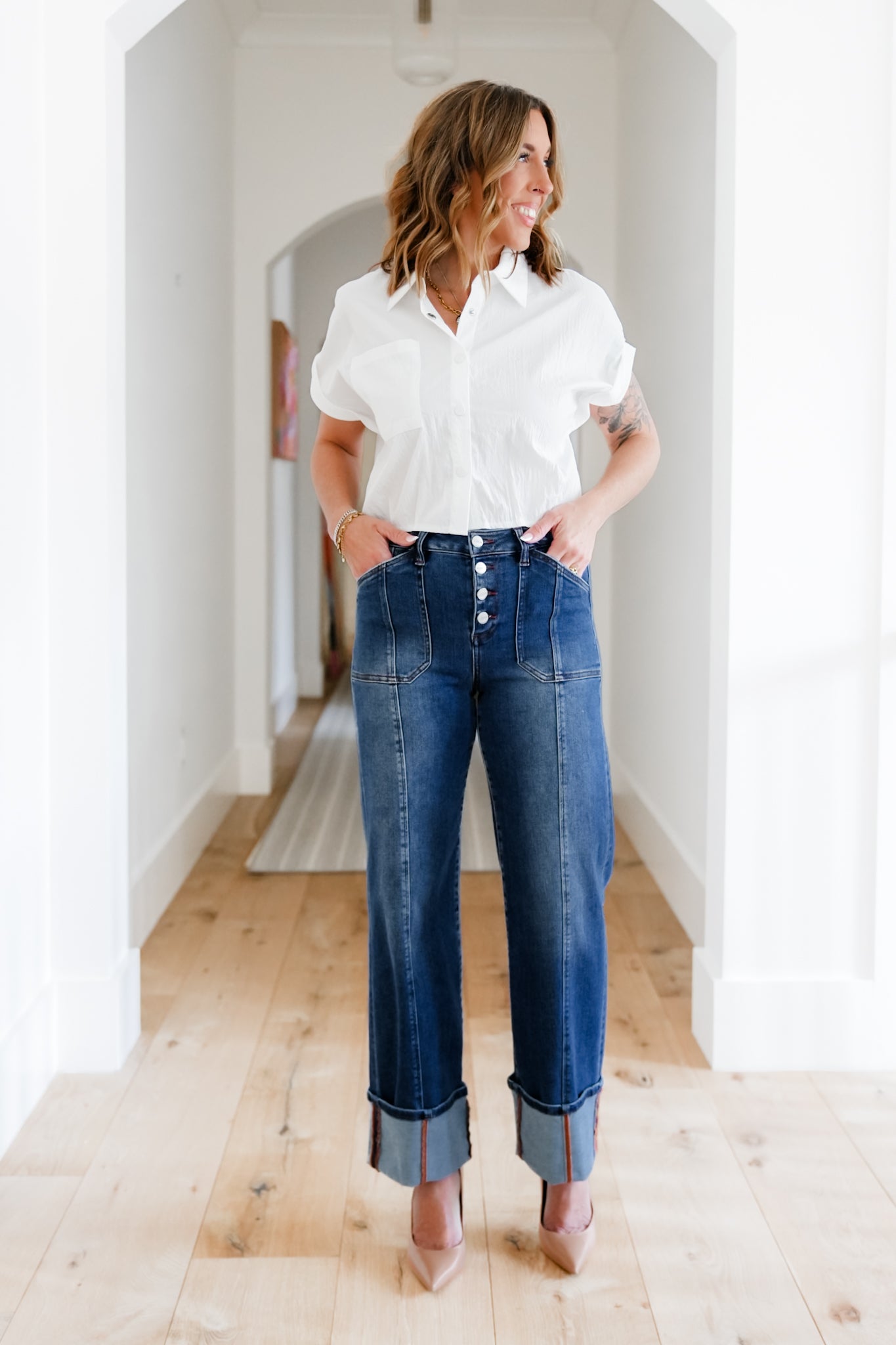 Risen Multi Inseam High Rise Dark Wash Cropped Wide Cuffed Straight Leg Jeans