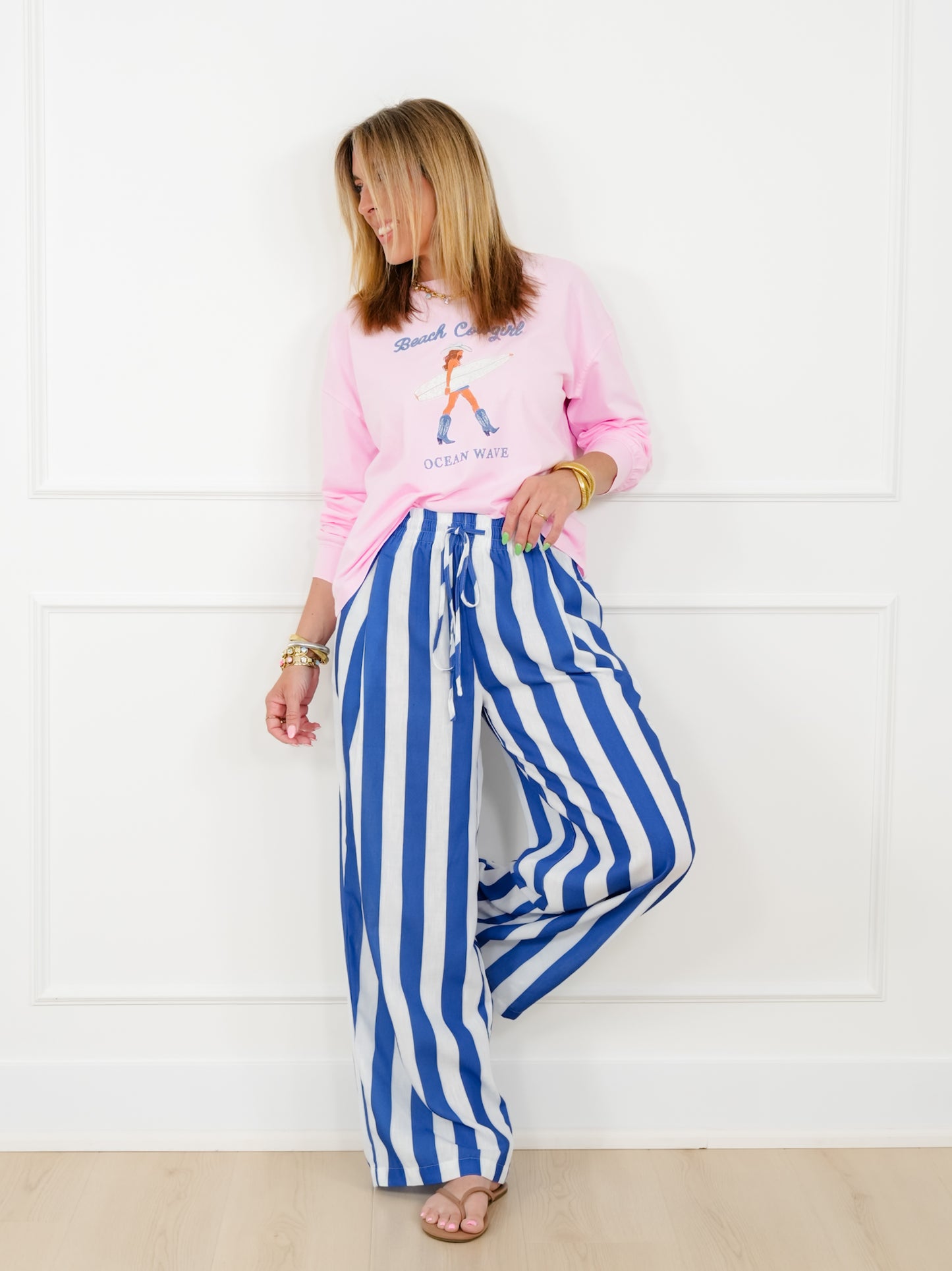 Stripe Elastic Waist Wide Leg Pants