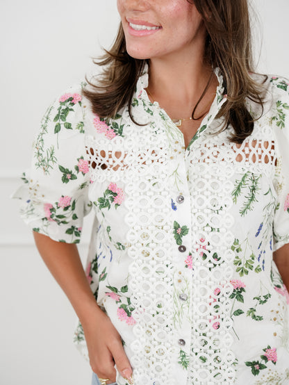 Floral Short Puff Sleeve Button Down Top with Lace Trim