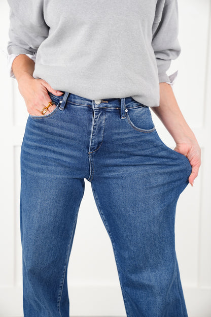 Risen High Rise Dark Wash Tummy Control Wide Leg Long Inseam Cuffed Jeans