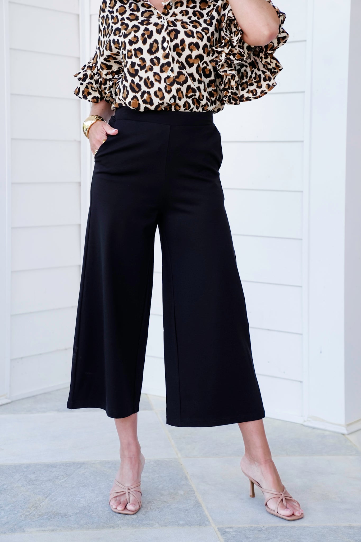 Plus/Reg Black Elastic High Waist Knit Cropped Pants