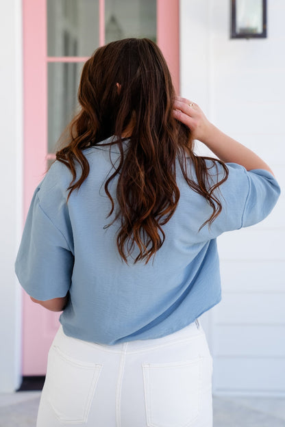 Blue Short Sleeve Button Down Blouse
