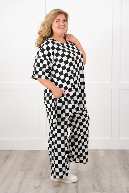 Plus/Reg Ribbed Checkered Short Sleeve Tunic Top and Pants Set