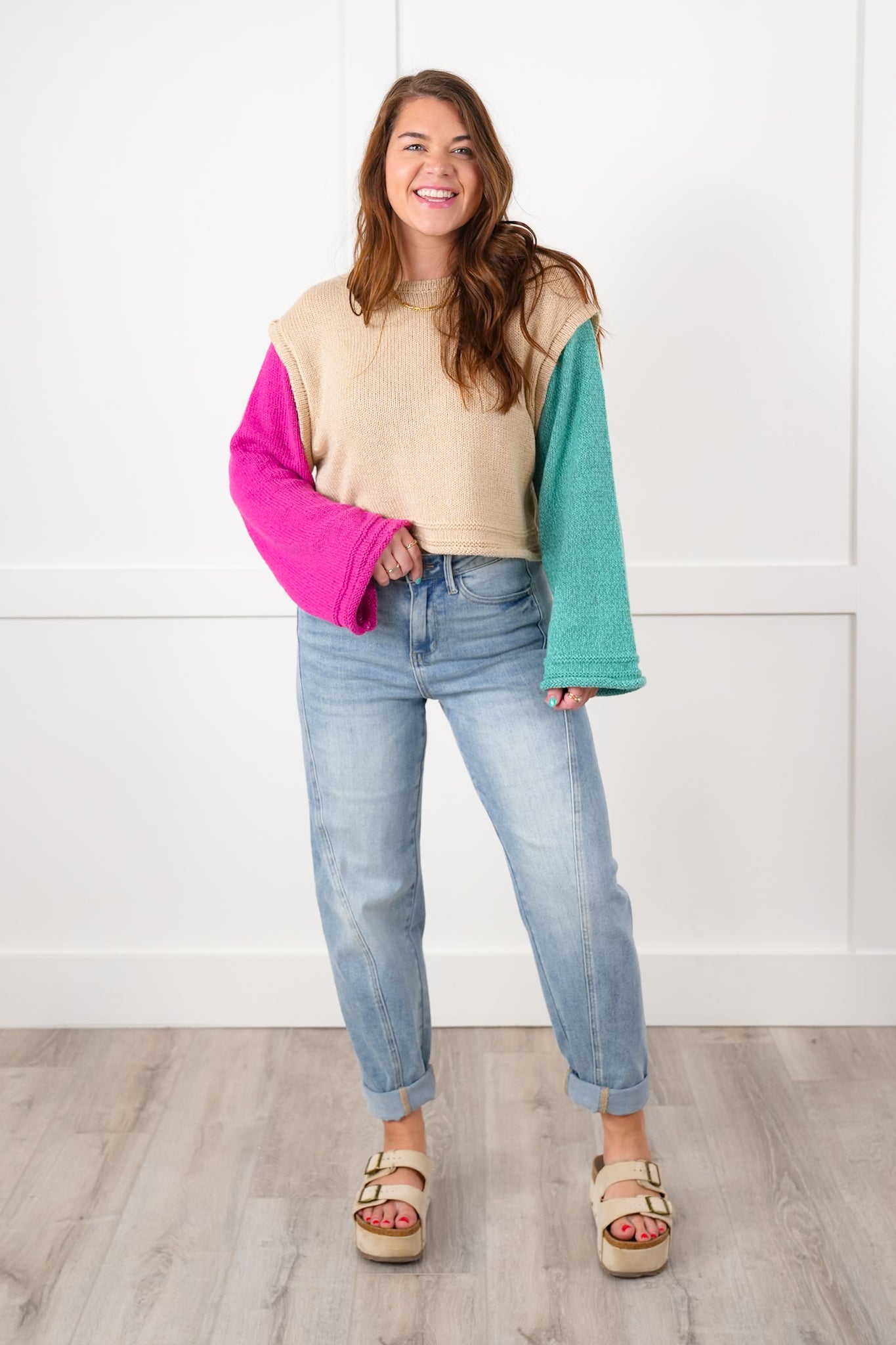 Color Block Long Sleeve Drop Shoulder Sweater