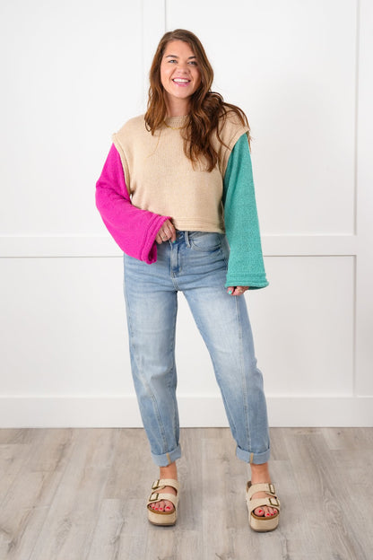 Color Block Long Sleeve Drop Shoulder Sweater