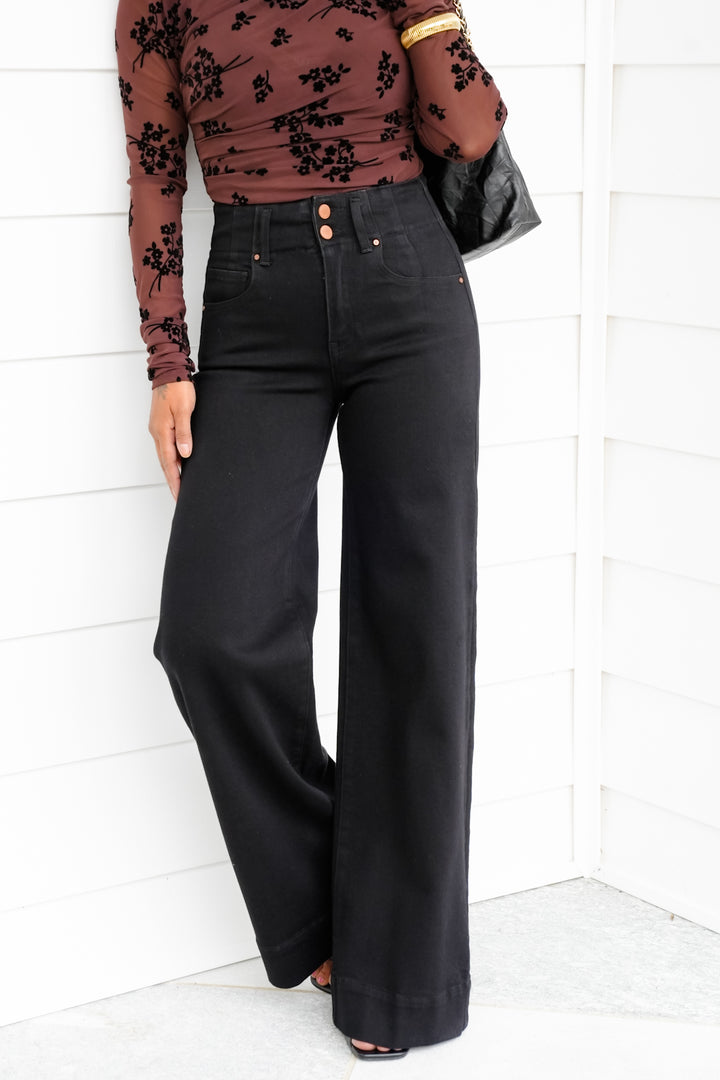 Risen High Rise Black Double Button Wide Leg Jeans