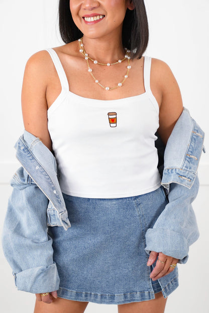 White Tank Top with Embroidered "Coffee Cup" Detail