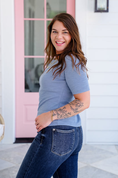 Plus/Reg Blue Short Sleeve Snap Button Up Knit Top
