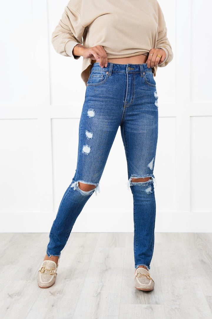 White Birch Medium Blue Distressed Roll Up Jeans