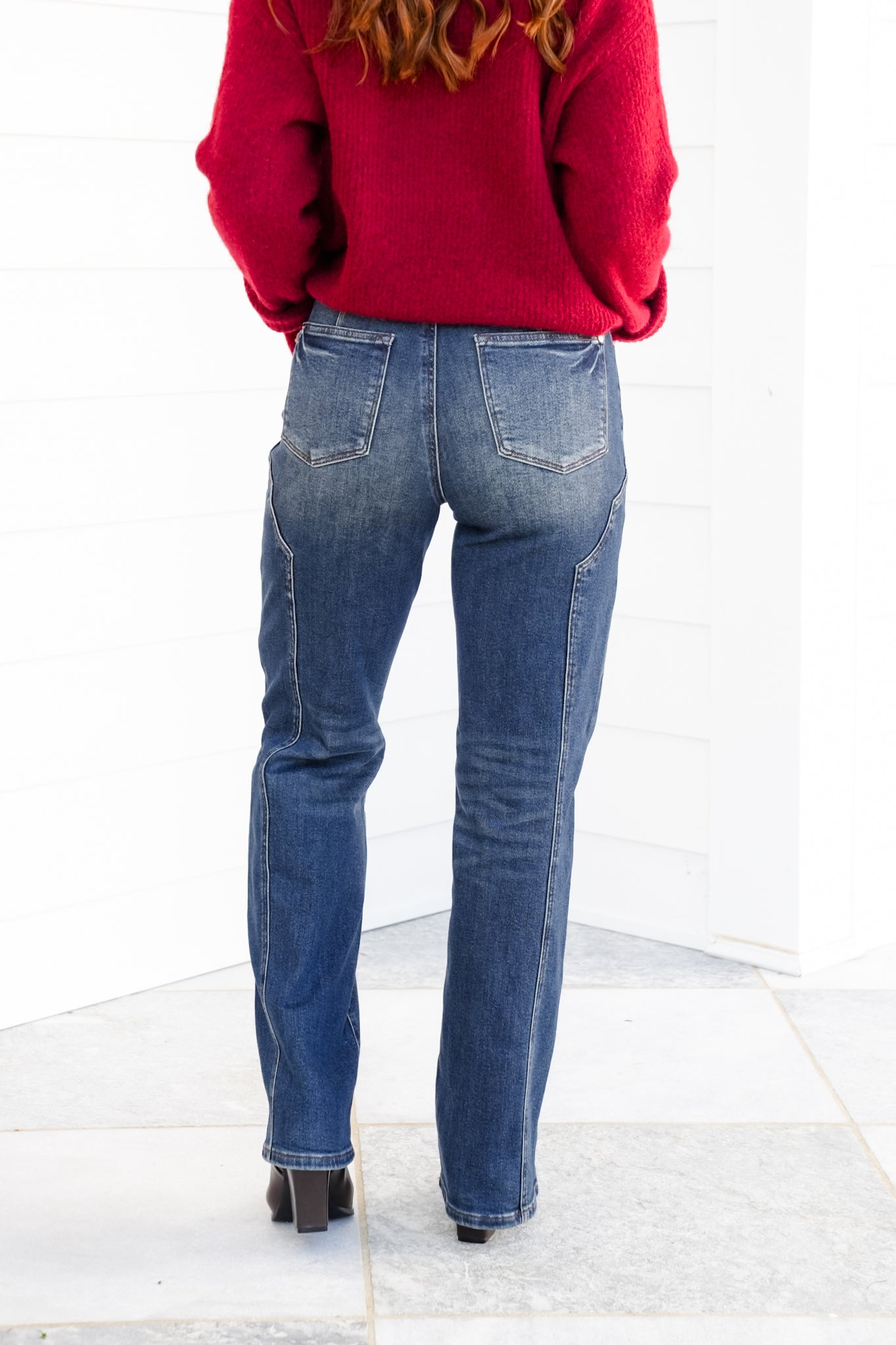 Judy Blue Mid Rise Dark Wash Straight Leg Jeans with Western Style Seam