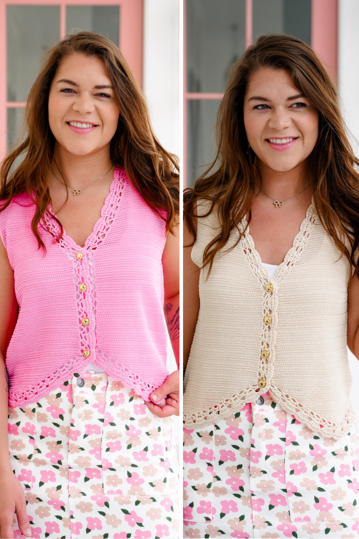Button Down Sweater Vest with Crochet Trim Detail