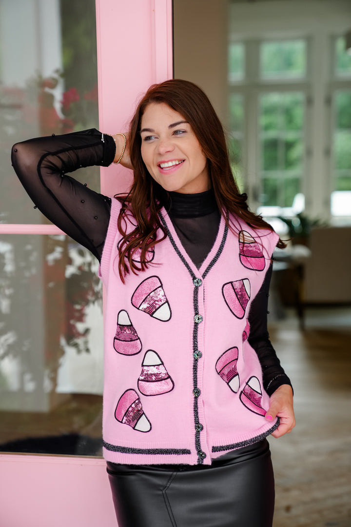 Plus/Reg Glitter Candy Corn Sweater Vest