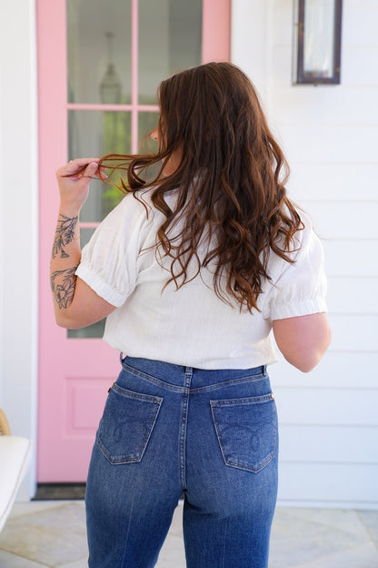 White Short Sleeve Button Up V Neck Top