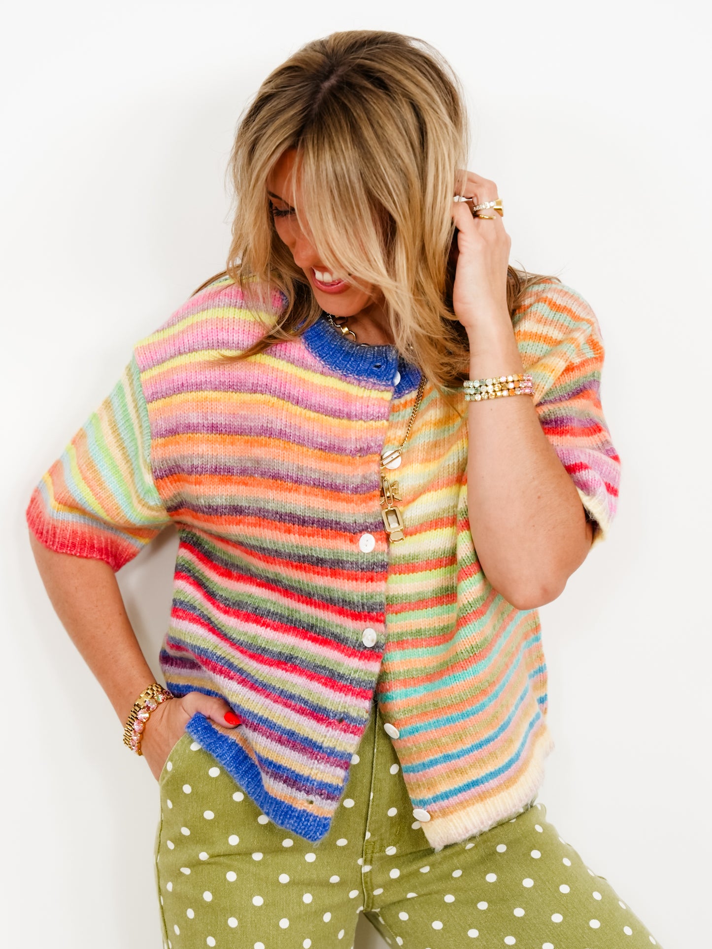 Rainbow Stripe Short Sleeve Button Down Cardigan