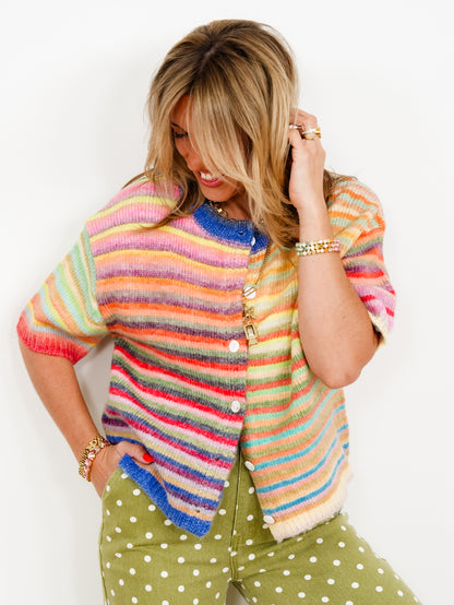 Rainbow Stripe Short Sleeve Button Down Cardigan