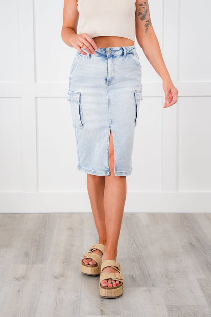 Risen High Rise Light Wash Midi Cargo Skirt