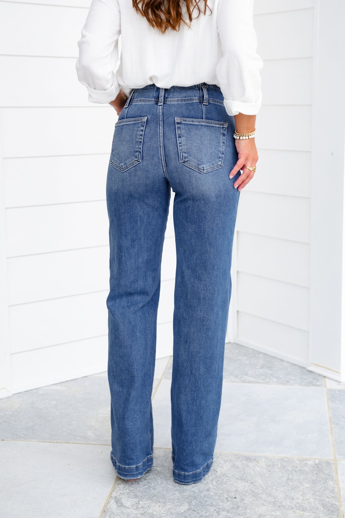 Risen The Statement Straight High Rise Medium Wash Ankle Wide Leg Jeans with Front Seam