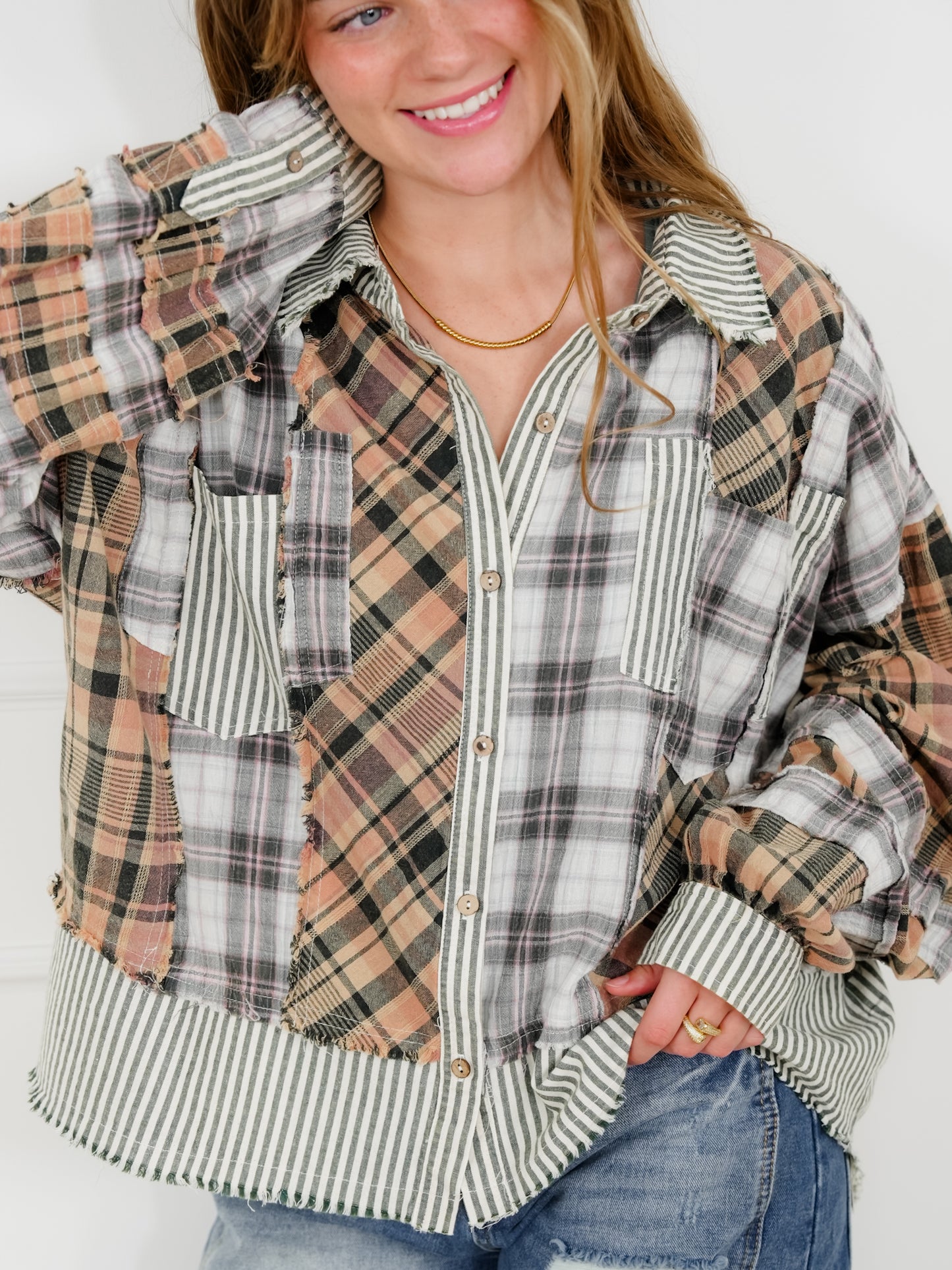 Plaid Pattern Long Sleeve Button Up Top