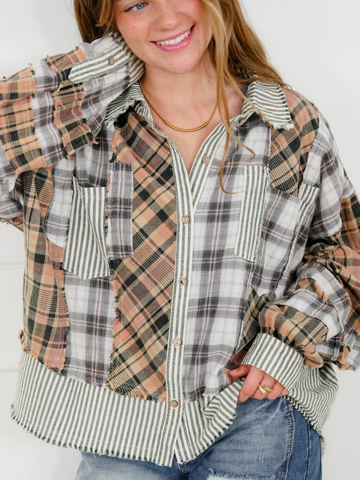 Plaid Pattern Long Sleeve Button Up Top