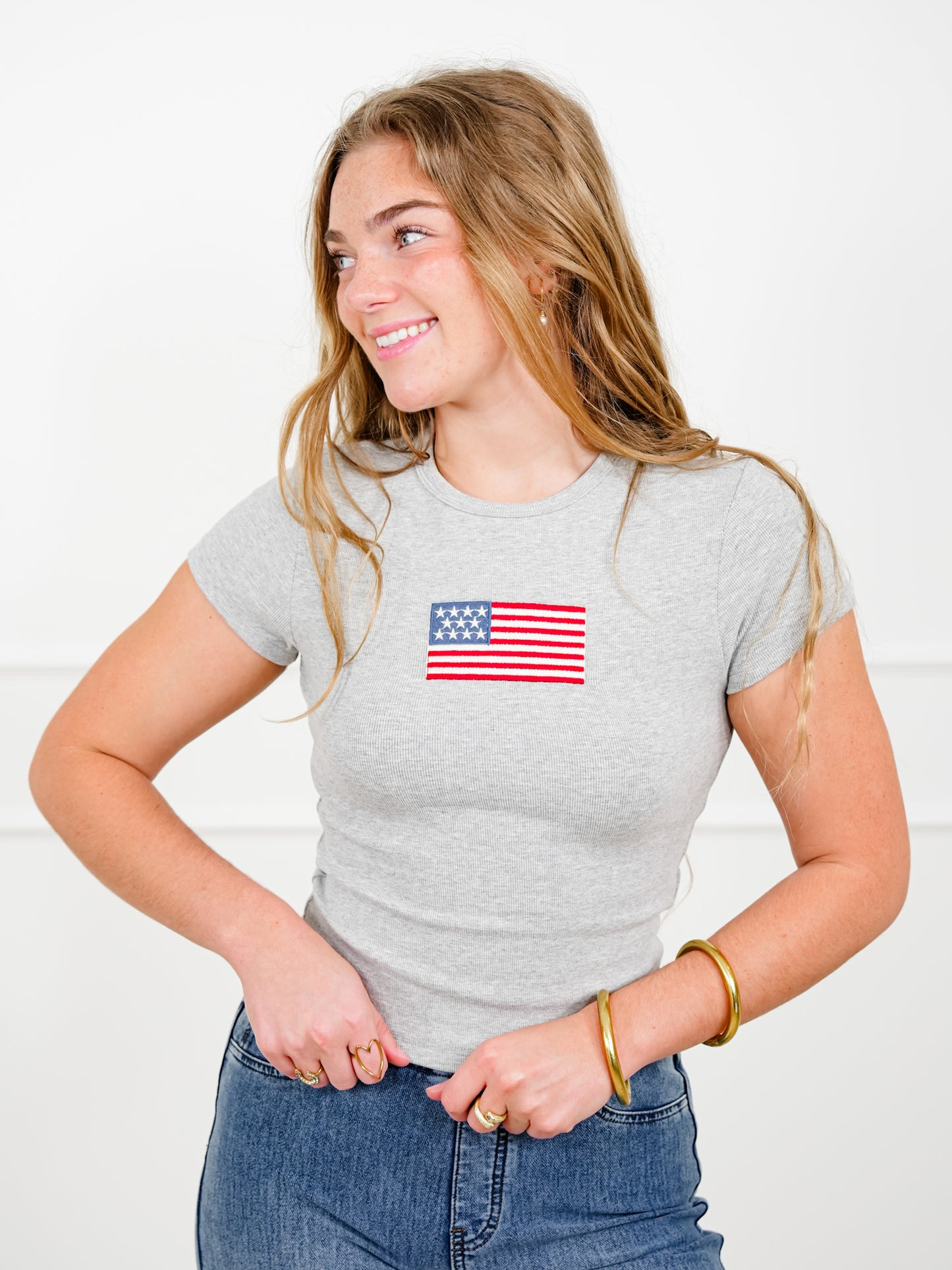 Short Sleeve Top with Embroidered American Flag Patch