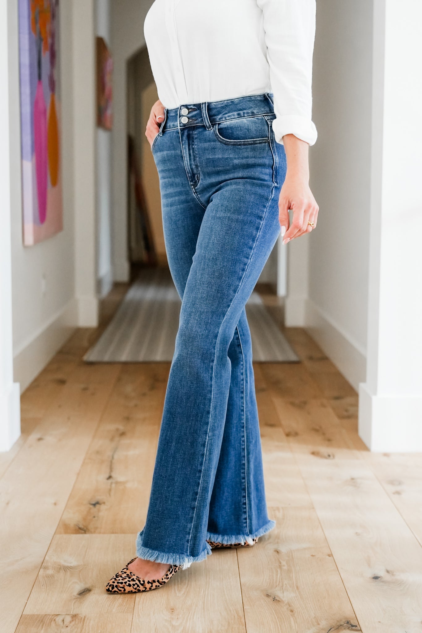 Judy Blue High Rise Medium Wash Double Button Frayed Hem Bootcut Jeans