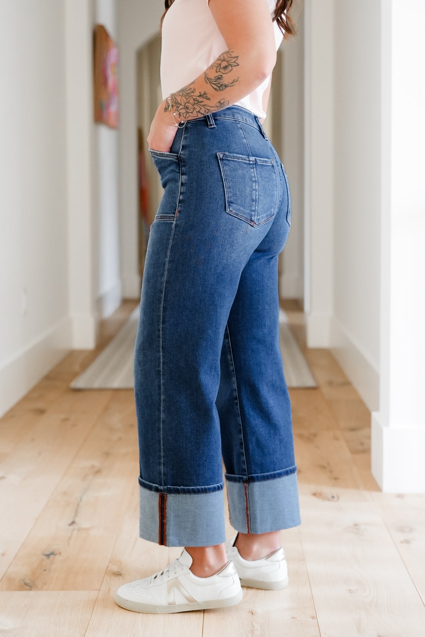 Risen Multi Inseam High Rise Dark Wash Cropped Wide Cuffed Straight Leg Jeans