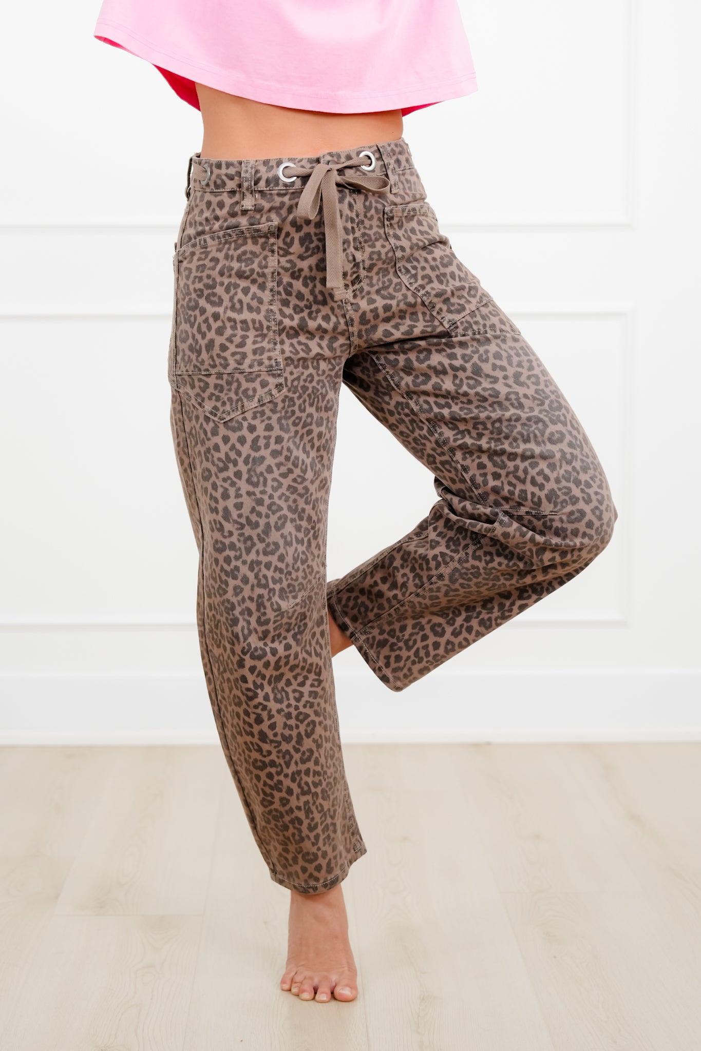 Risen Leopard Slouchy Drawstring Waistband Barrel Jeans