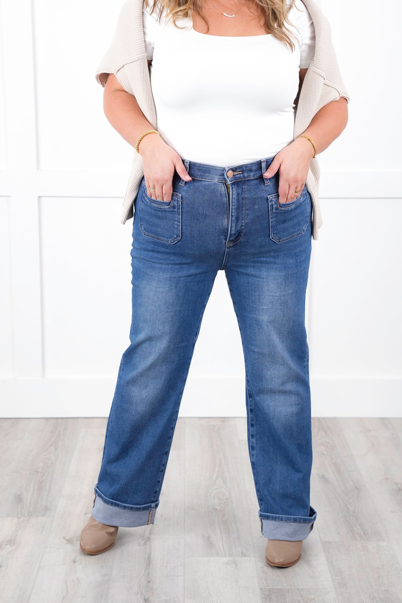 Risen High Rise Medium Wash Elastic Waistband Slim Straight Leg Jeans with Front Patch Pockets