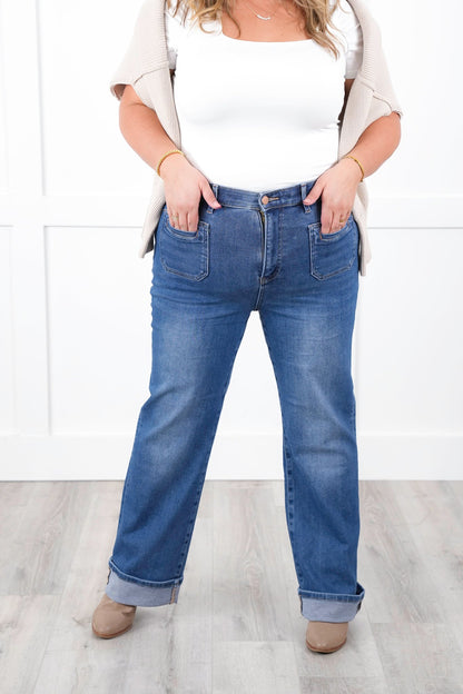 Risen High Rise Medium Wash Elastic Waistband Slim Straight Leg Jeans with Front Patch Pockets