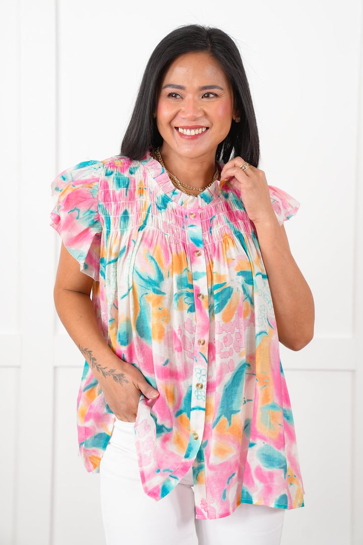 Watercolor Floral Flutter Sleeve Button Down Blouse