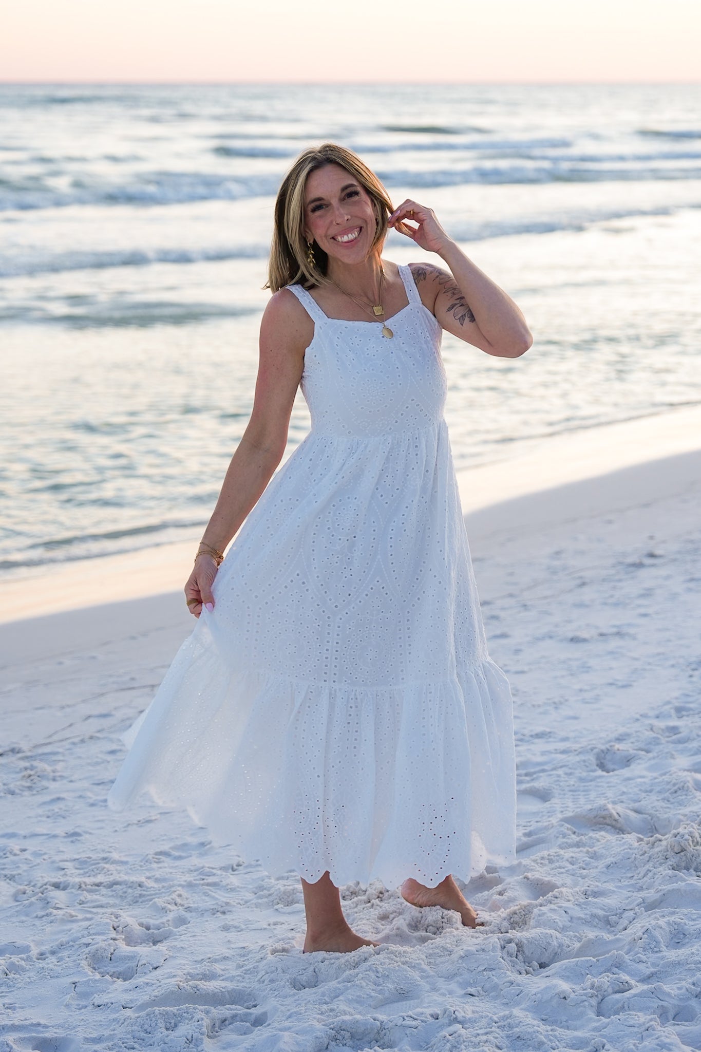 Plus/Reg White Eyelet Sleeveless Maxi Dress