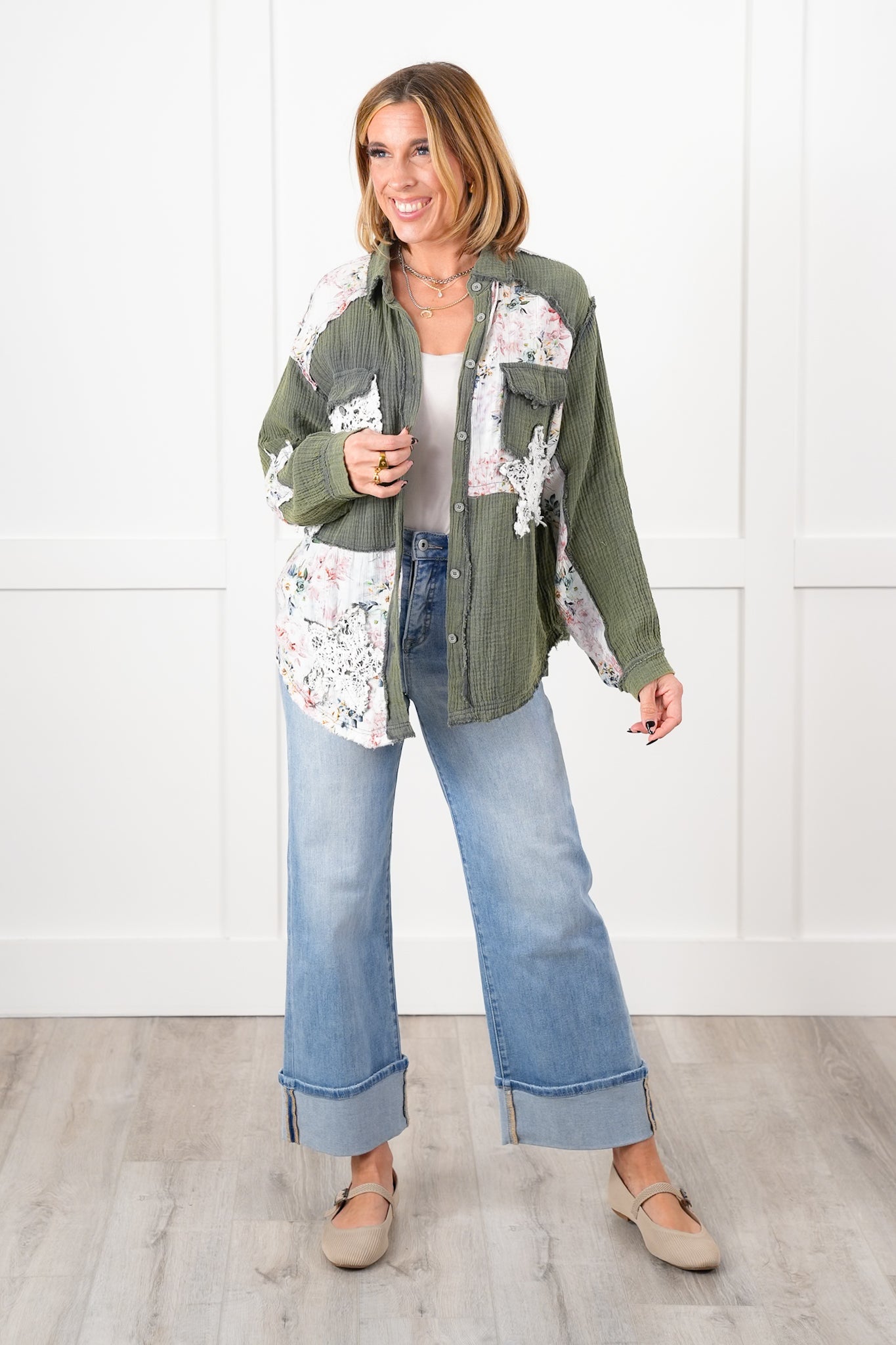Restock! POL Gauze Long Sleeve Button Down Shacket with Floral and Lace Detail
