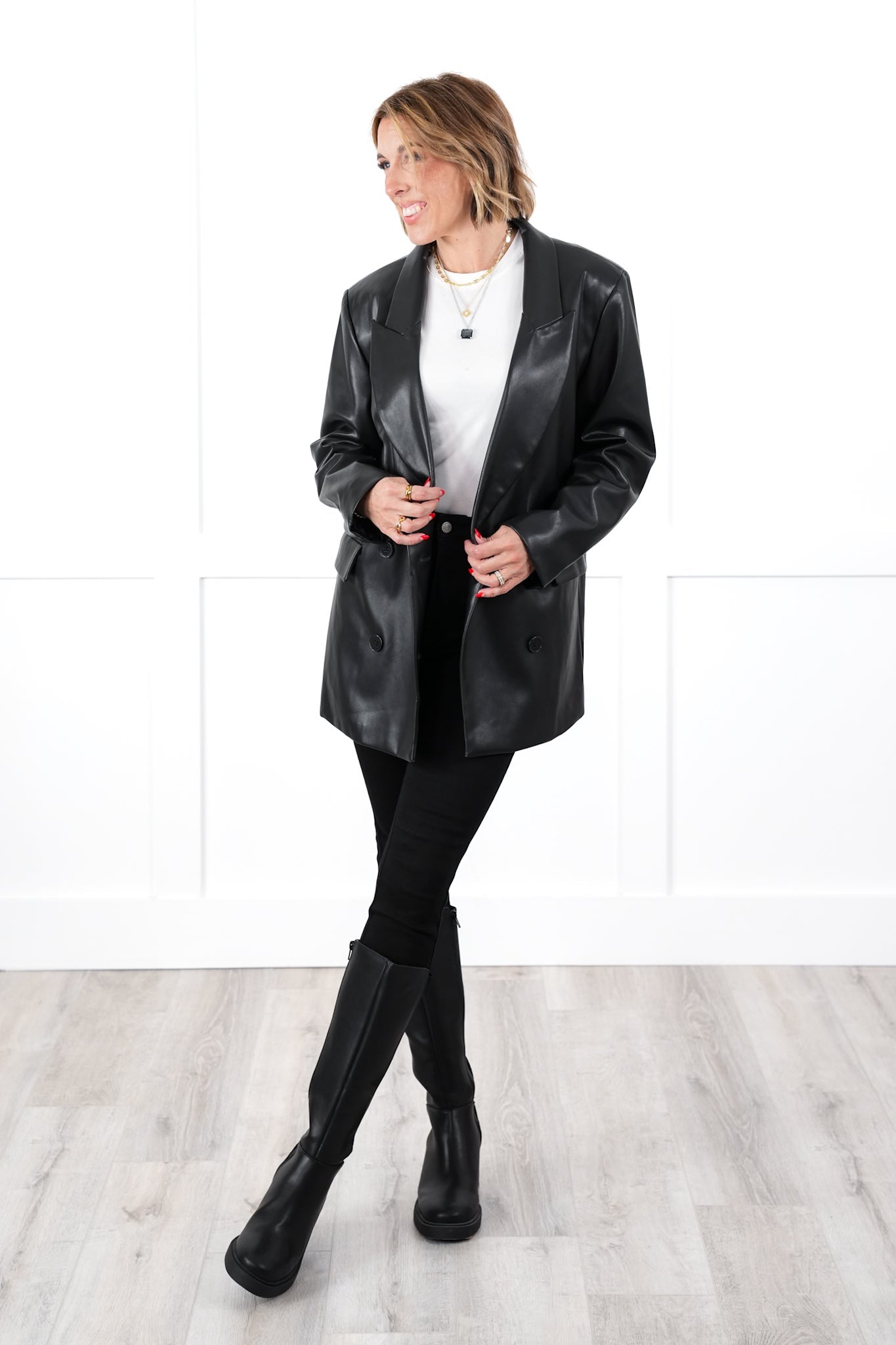 Black Vegan Leather Oversized Blazer with Patch Pocket Detail