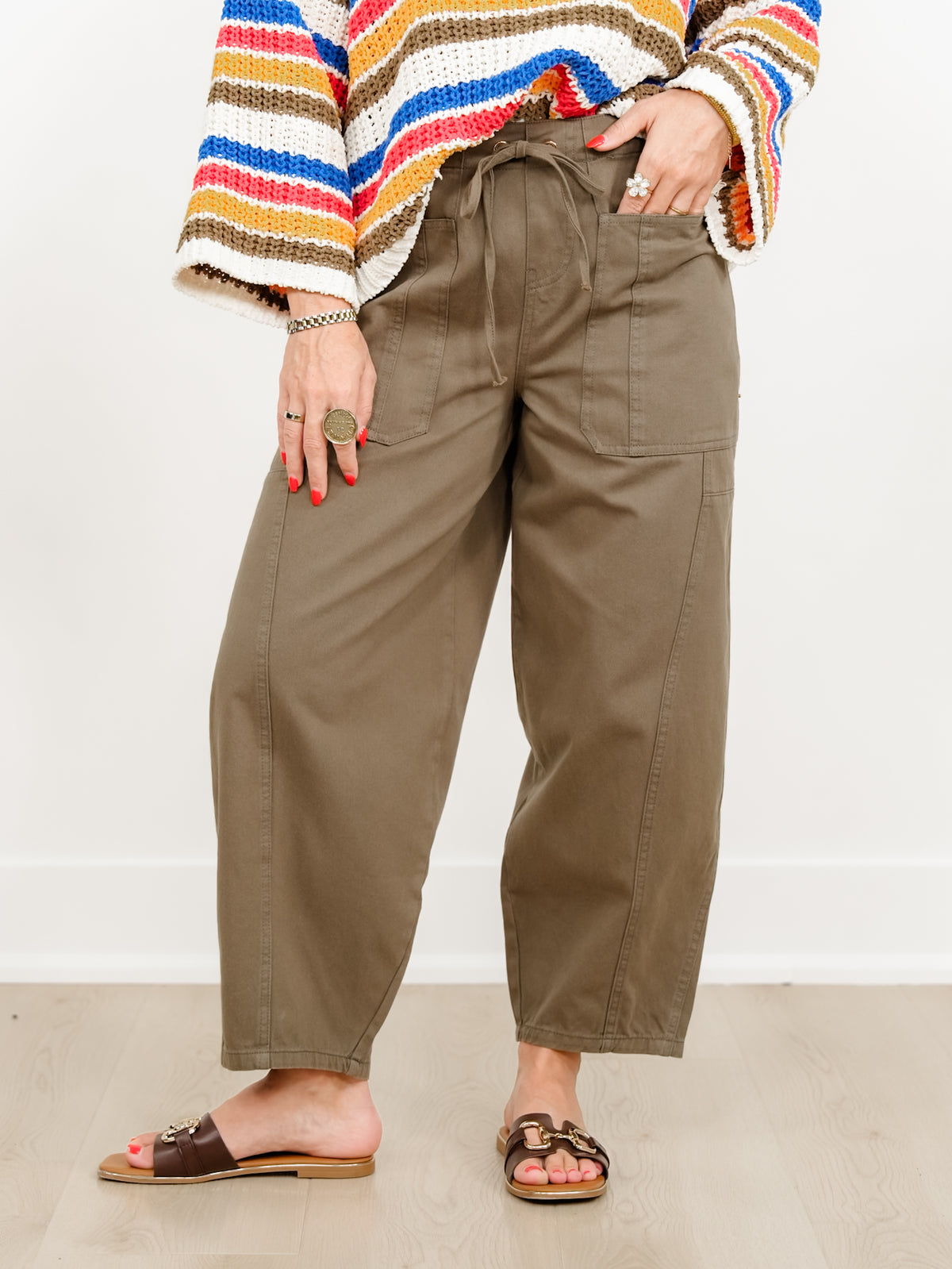 Olive Elastic Waist Barrel Leg Pants