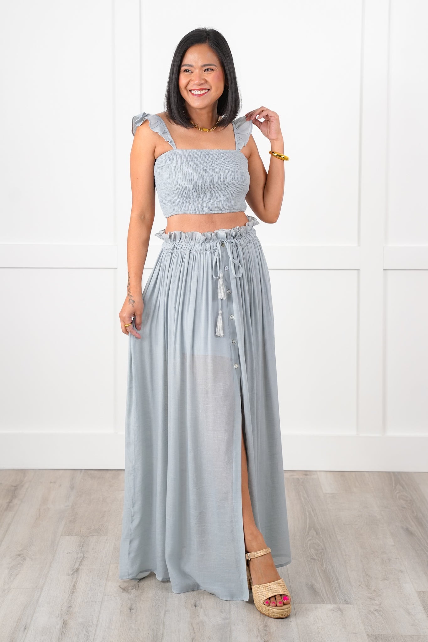 Sleeveless Smocked Crop Top with Flowy Elastic Waistband Maxi Skirt Set