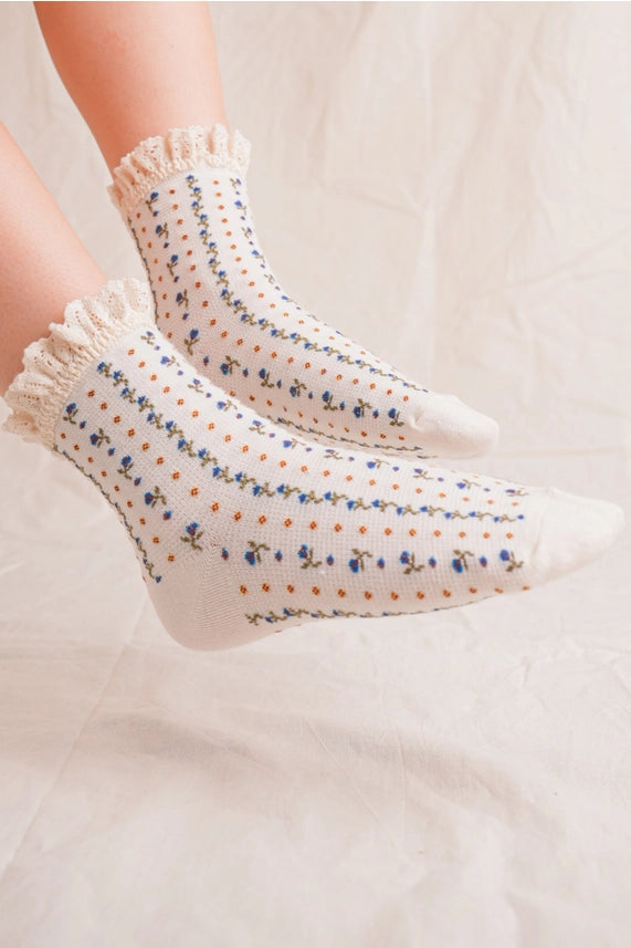Floral Printed Crew Socks with Lace Trim