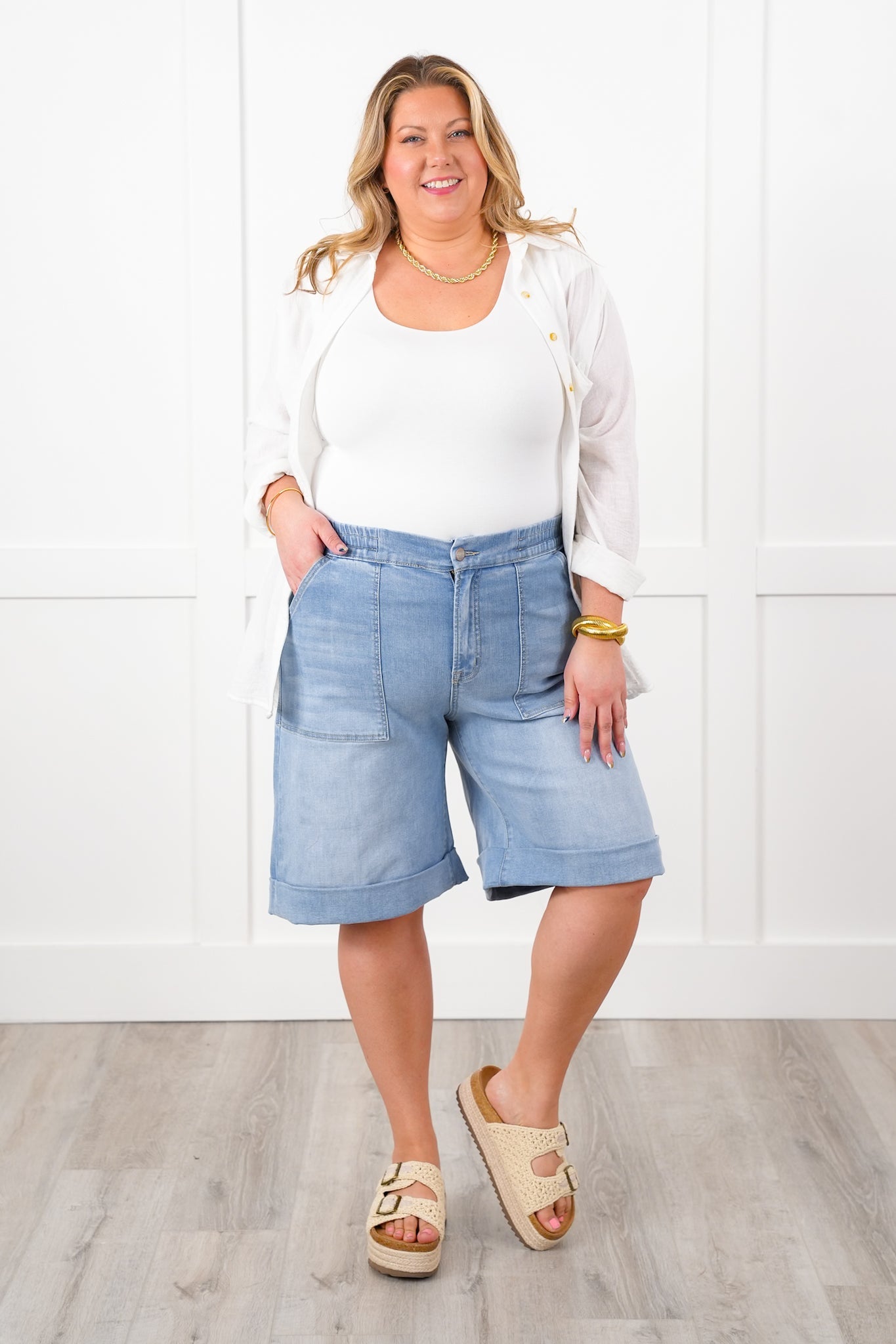 Mica Light Wash Cuffed Hem Shorts