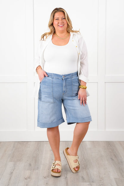 Mica Light Wash Cuffed Hem Shorts