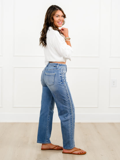 Risen High Rise Medium Wash Barrel Jeans with Embroidered Side Accents