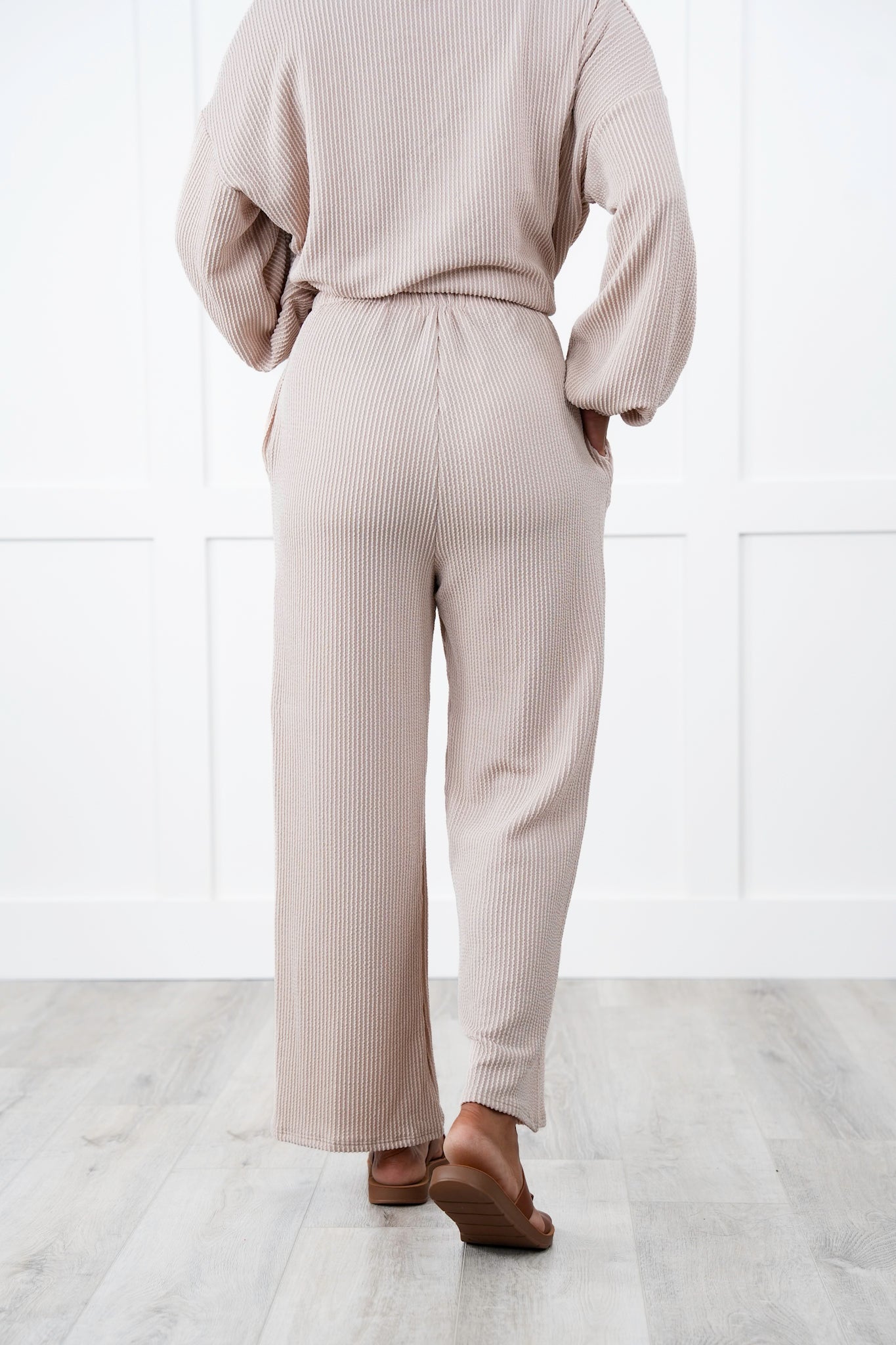 Ribbed Long Sleeve Round Top With Elastic Waistband Lounge Pant Set (Multiple Colors)