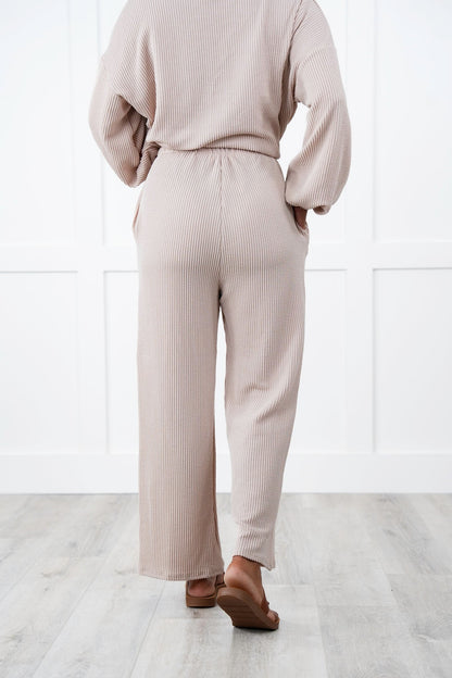 Ribbed Long Sleeve Round Top With Elastic Waistband Lounge Pant Set (Multiple Colors)