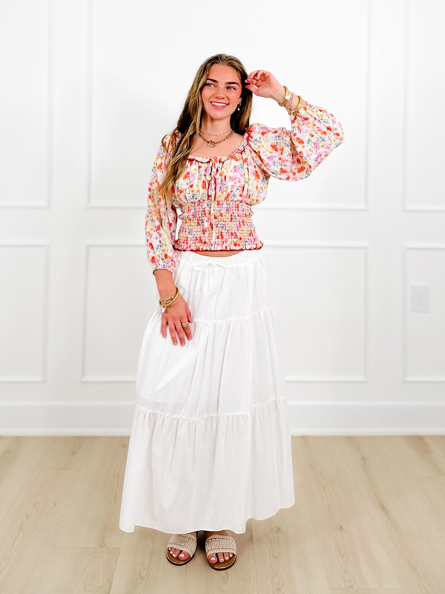 Plus/Reg Smocked Floral Print Square Neck Top