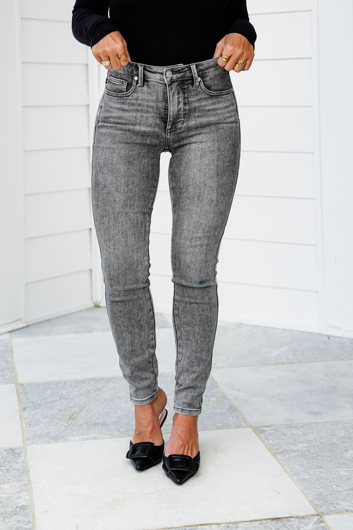 Judy Blue Smoke Show Mid Rise Grey Tummy Control Skinny Jeans with Shield Pockets