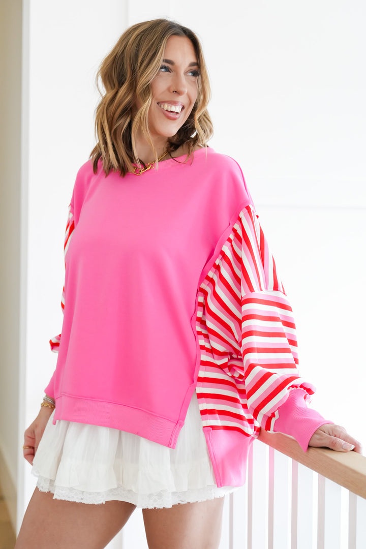 Long Stripe Sleeve Pullover Top with Reverse Seams