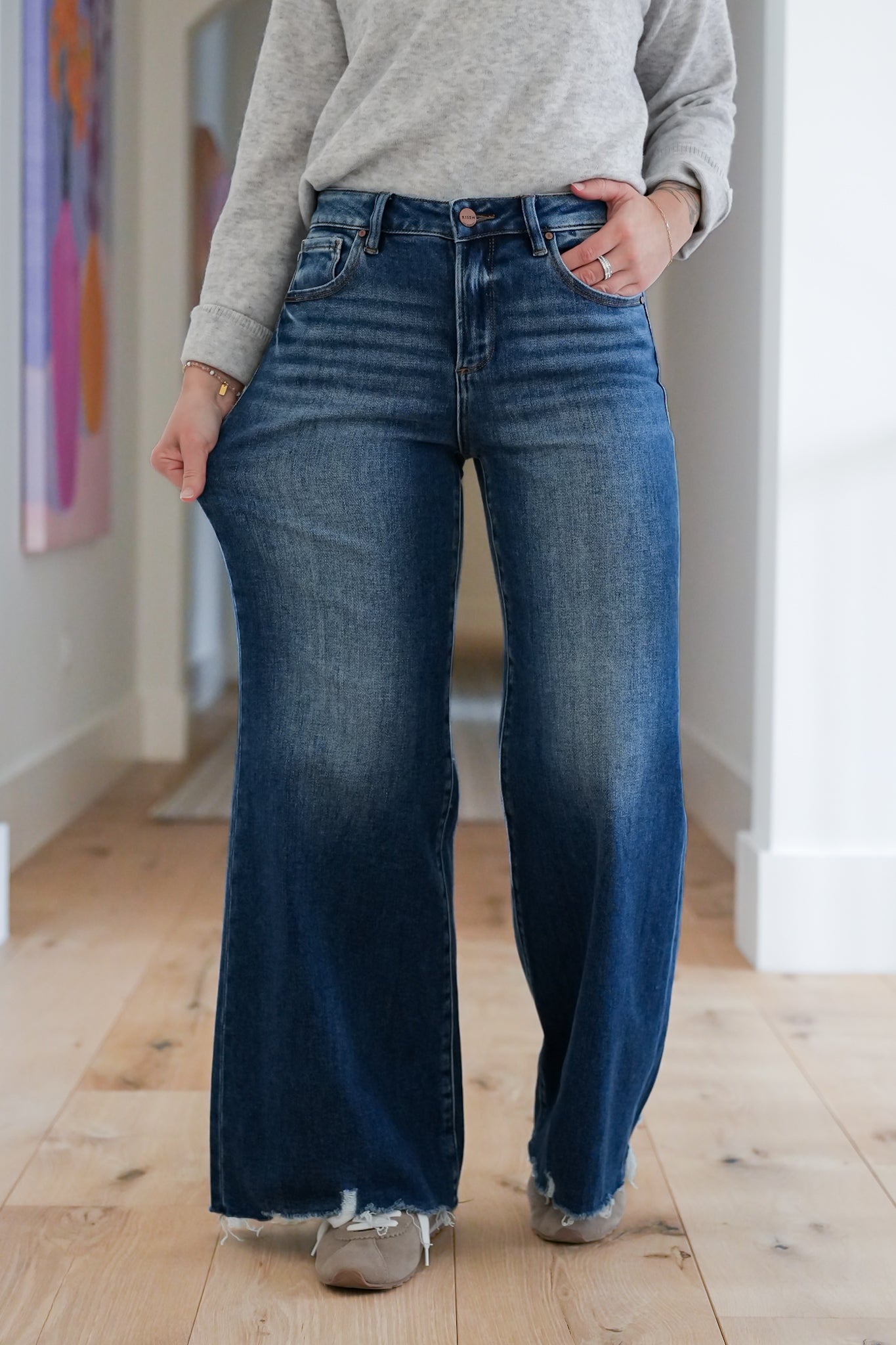 Risen High Rise Dark Wash Wide Leg Jeans