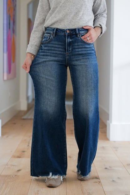 Risen High Rise Dark Wash Wide Leg Jeans
