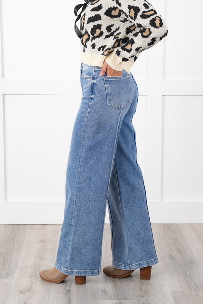 Risen High Rise Medium Wash Pintuck Detailed Wide Leg Jeans