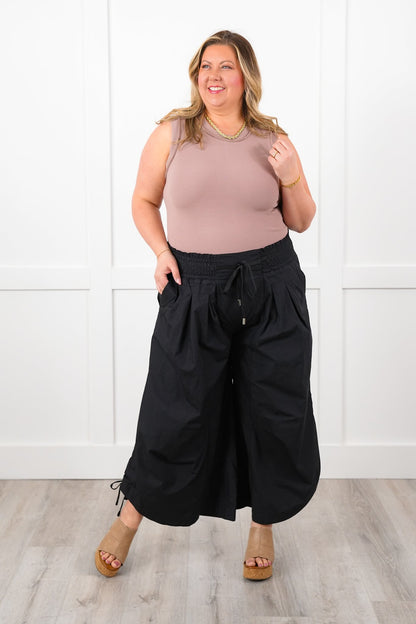 Plus/Reg Pleated Smocked Waist Wide Leg Pants