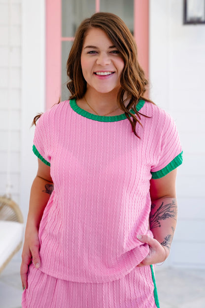 Plus/Reg Cable Knit Short Sleeve Top with Contrast Detail